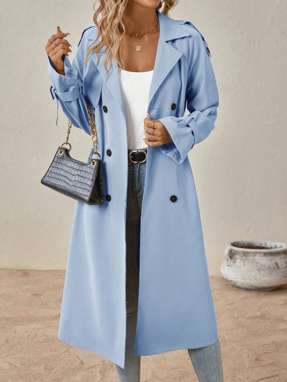 Baby Blue Elegant Women's Double-Breasted Casual Long-Sleeved Trench Coat